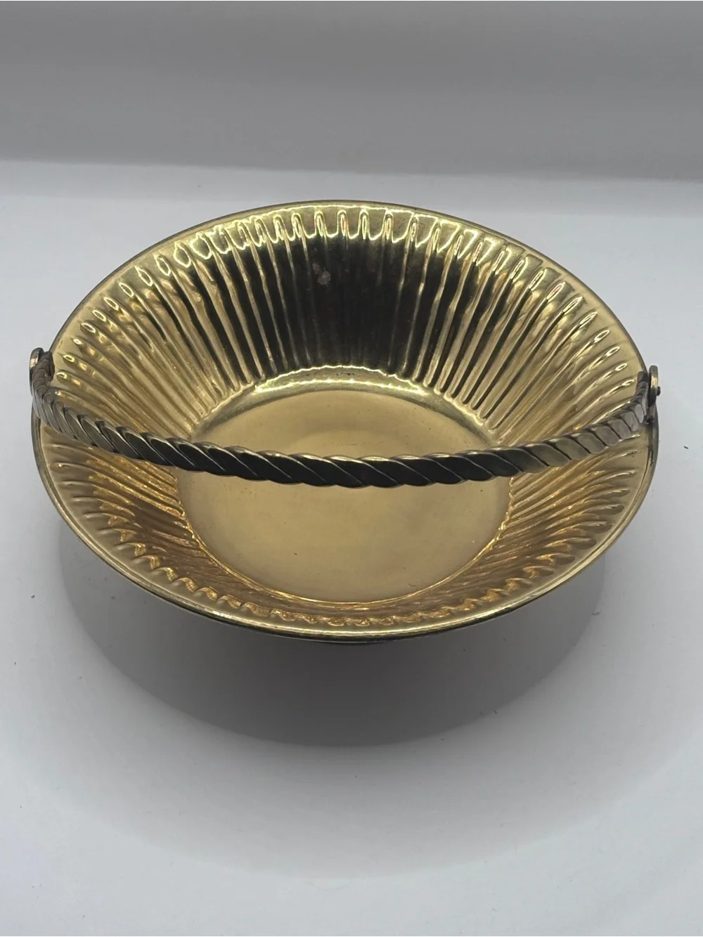 Vintage Sears Brass-Tone Ribbed Decorative Basket with Twisted Handle